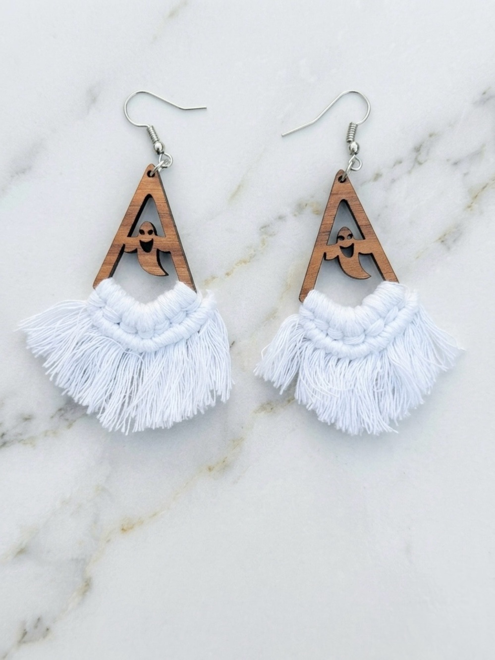 Adorable Spooky Wooden Ghost Macrame Fringe Boho Statement Earrings Halloween